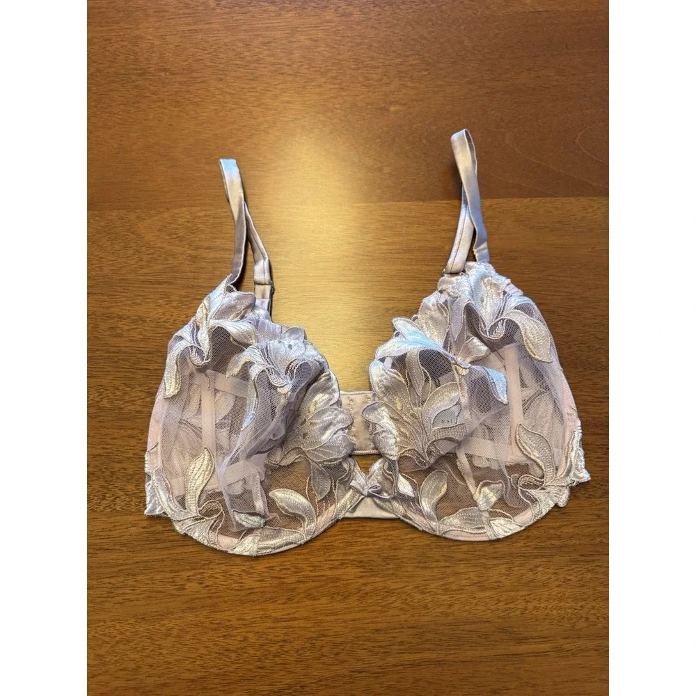 Fleur du Mal Lily Embroidered Underwire Bra Sz 34G Pink Lavender Tulle Satin NWT